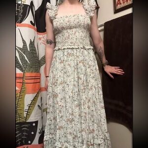 Light Blue Floral Print Smocked Maxi Dress